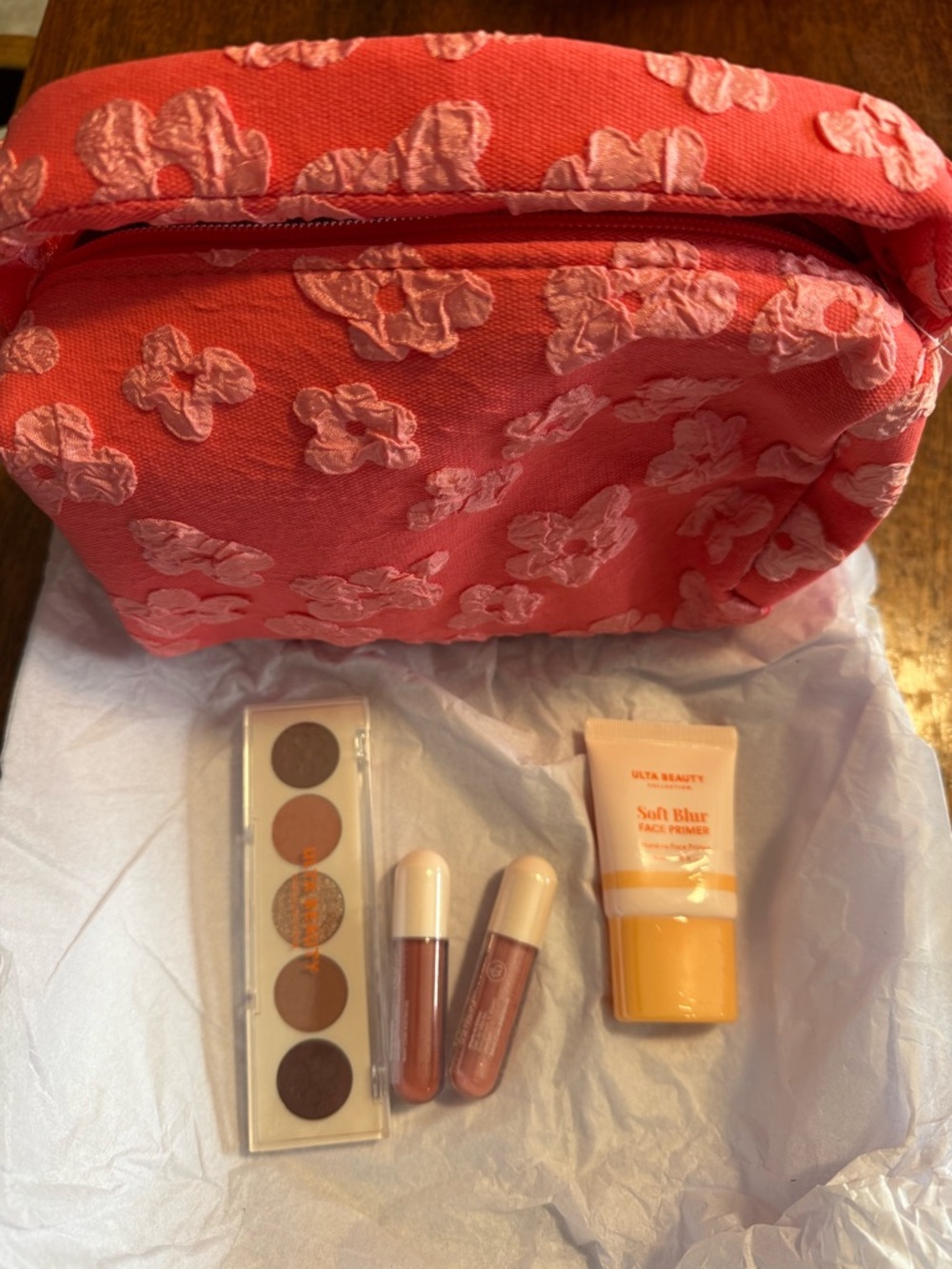 Ulta Beauty Coral Makeup Set with Pink-Nude Glosses & Soft Blur Primer (KC)